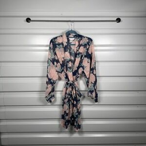Boutique‎ Intimates Sheer Floral Robe Kimono Navy Pink Roses M